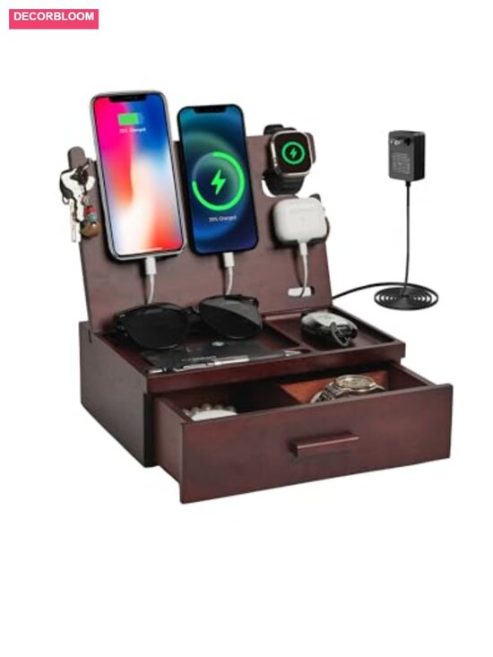 Other - Wood Nightstand Organizer with Drawer, 4-Port USB Charging Station, Fast